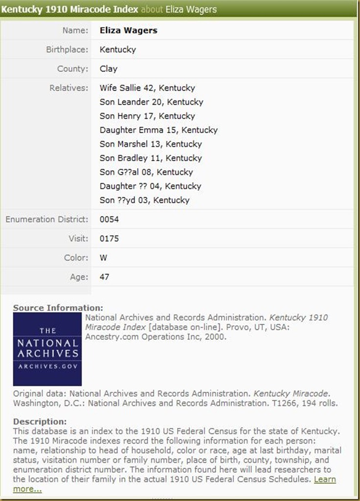 Elijah Wagers 1910 Census