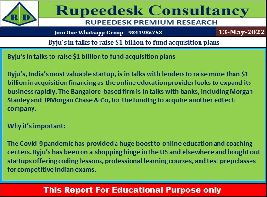 Byju's in talks to raise $1 billion to fund acquisition plans - Rupeedesk Reports - 13.05.2022