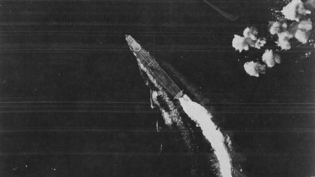 Japanese carrier Hiryu dodges bombs. 4 June 1942 worldwartwo.filminspector.com