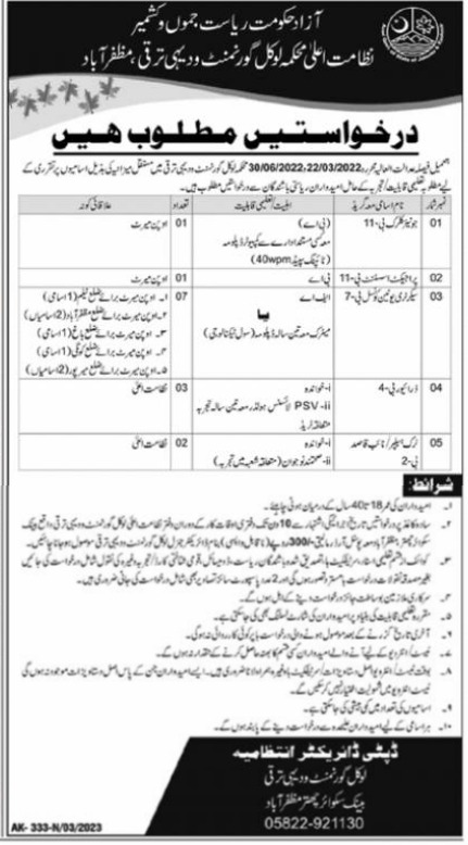 Latest Local Government and Rural Development Department Management Posts Muzaffarabad 2023