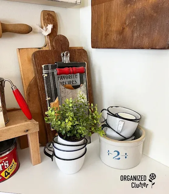 Photo collage of enamelware decor.