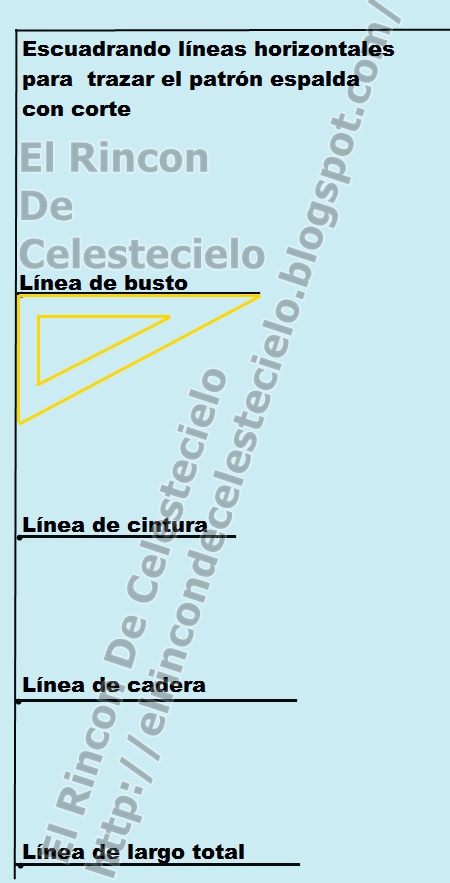Escuadrando líneas horizontales de los puntos de las medidas verticales para patrón espalda con corte en el centro