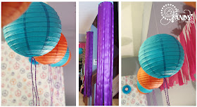 party decor, paper lanterns, ribbon chandeliers, peace party decor