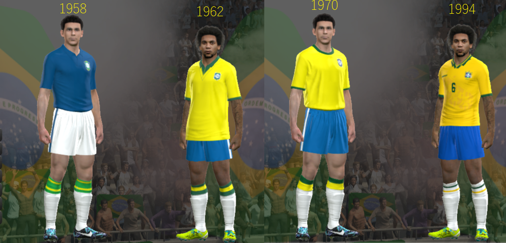 uniformes - clássicos classic kits - seleção brasileira 1958 + 1962 + 1970 + 1994 pes 2014 pc