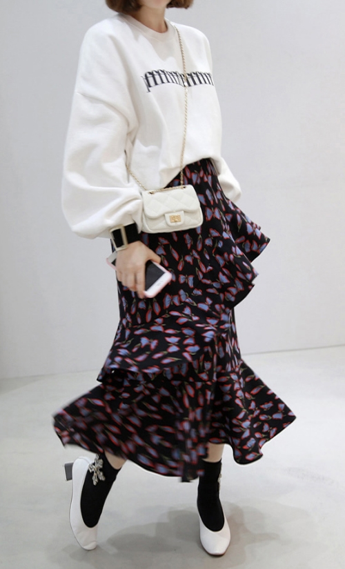 Printed Asymmetrical Tiered Banded Waist Skirt