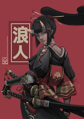Garota demônio Samurai, equipada e armada, representa o mestre do Iaijutsu