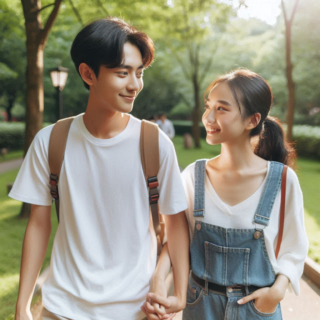 一對情侶牽著手在公園漫步