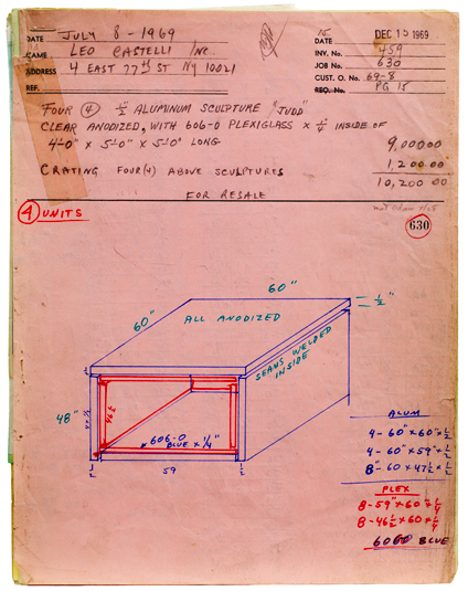 drawing Donald Judd  Bernstein Bros. Fabrication drawing job #630, 1969 pen and pencil on pink note paper