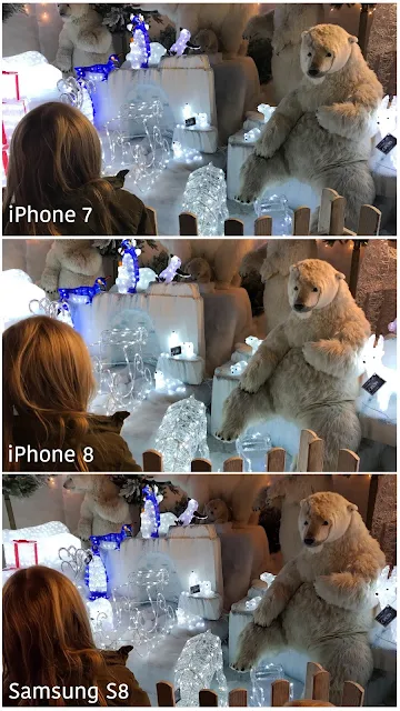 3 images of a young girl looking at a Christmas scene with moving polar bears and Christmas lights