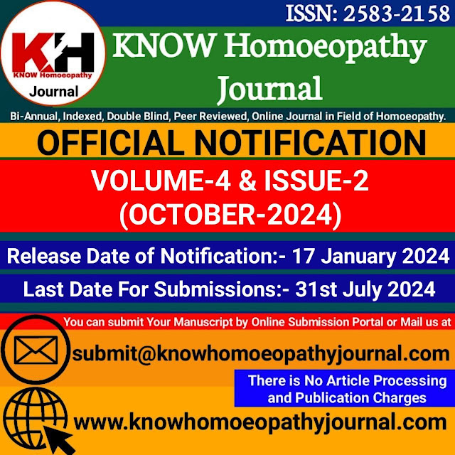 Call For Submission | KNOW Homoeopathy Journal (e-ISSN: 2583-2158) Volume-4 Issue-2 (OCTOBER-2024)