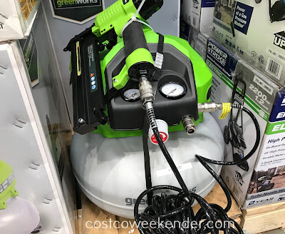 Easily operate a nail gun, impact wrench, or inflate tires quickly with the Greenworks 6-gallon Air Compressor Combo Kit