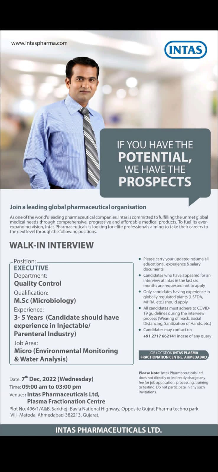 Job Availables, Intas Pharmaceutical Ltd Walk-in Interview For Quality Control