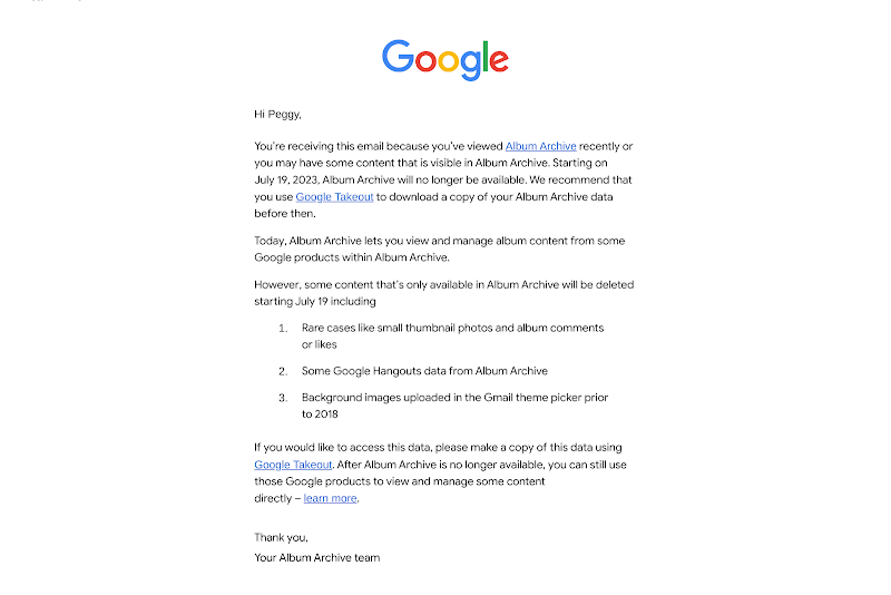 Email from Google about "Album Archive Update"