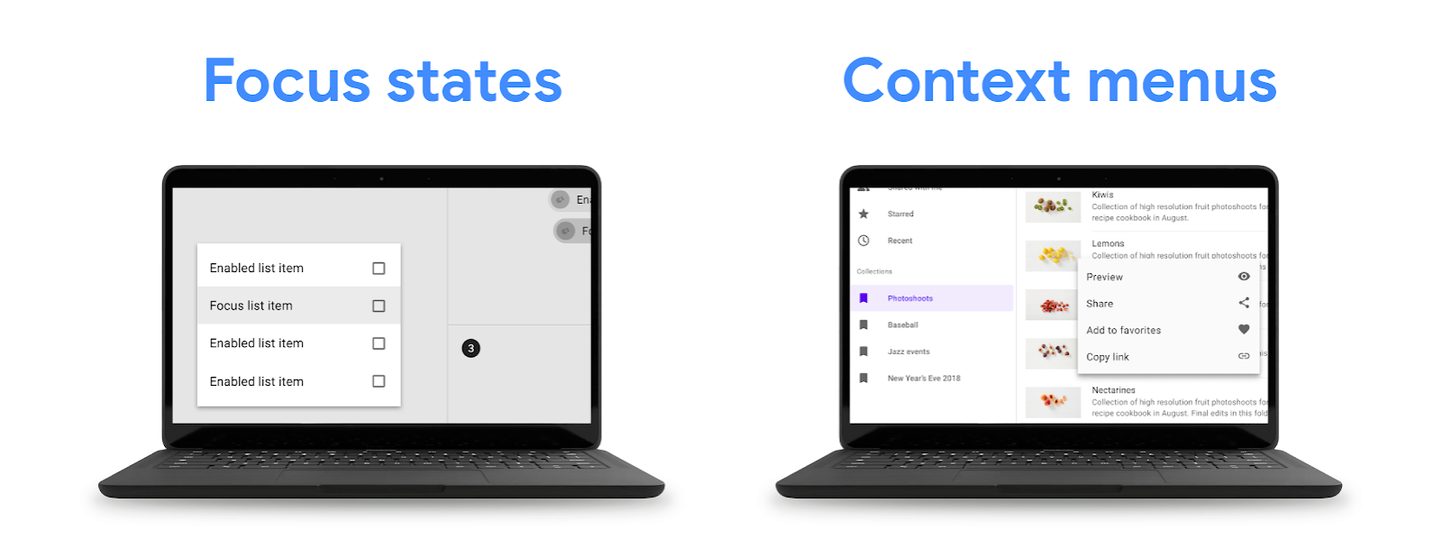 Focus states and context menus shown on Chromebooks