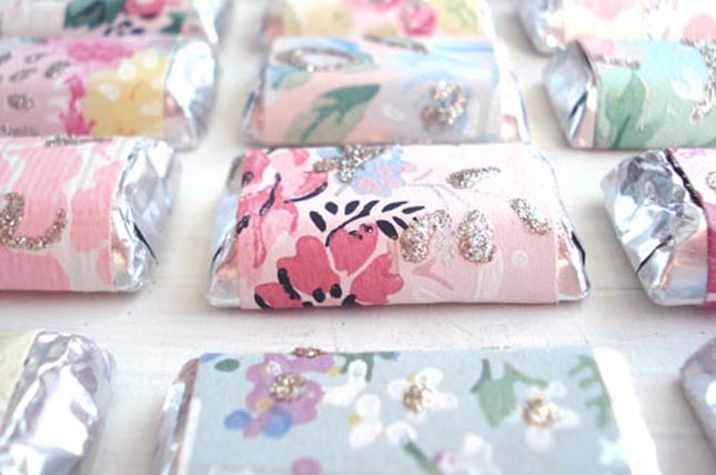 DIY Candy Bar Wrappers Made from Wallpaper includes supply list and 