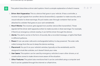 An image of an interaction with ChatGPT showing most of an explanation of a patent