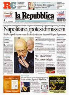 La Repubblica del 30 Marzo 2013 | ISSN 0390-1076 | TRUE PDF | Quotidiano | Cronaca | Politica
La Repubblica è un quotidiano italiano, con sede a Roma, appartenente al Gruppo Editoriale L'Espresso.
È il secondo quotidiano d'Italia per diffusione, dopo il Corriere della Sera di Milano.
È primo nelle statistiche sul lettorato, con una quota stimata di 3 milioni e 523.000 lettori.