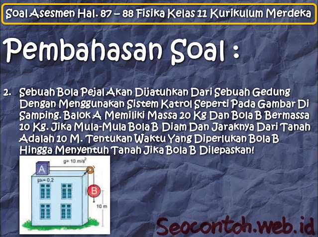 Jika massa Susan dan sepeda adalah 60 kg dan gaya gesek antara sepeda dan tanah selalu sama Tentukan a gaya yang diberikan Susan pada detik ke-1 sampai detik ke-4, Sebuah tongkat homogen bermassa 2 kg ditahan oleh dua buah tali seperti yang ditunjukkan pada gambar berikut Dari sistem di atas tentukan a momen titik pusat massa terhadap B, Dua buah benda dengan massa yang sama yaitu 500 gram saling mendekat seperti yang ditunjukkan pada gambar berikut, Sebuah kereta bergerak pada lintasan lurus yang pergerakannya ditunjukkan seperti pada grafik di berikut