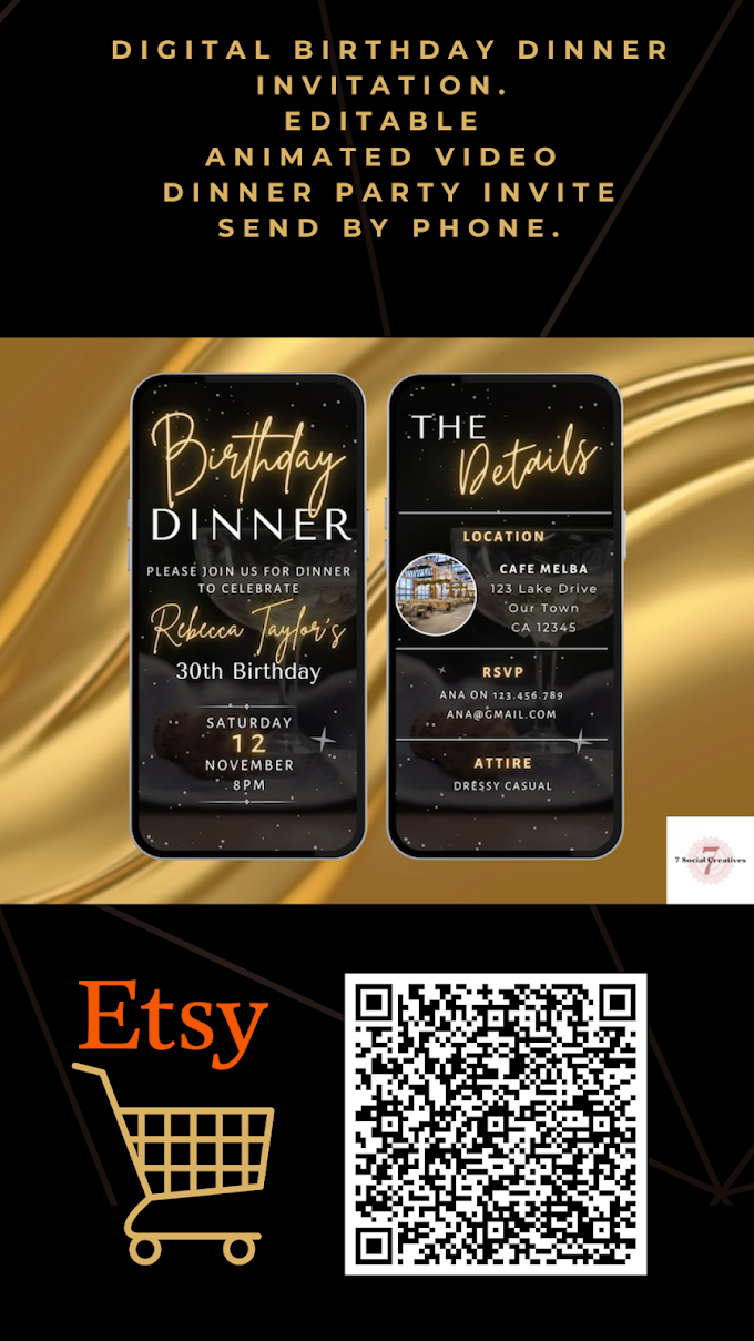 30% OFF TODAY!! Digital Birthday Dinner Invitation, Editable Animated Video Dinner Party Invite In Black and Gold, Easy To Edit In Canva, Send By Phone.