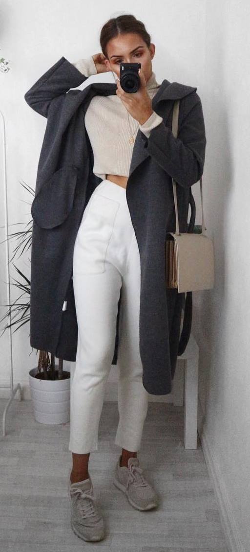 amazing outfit idea: grey coat + top + pants + bag