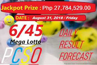 August 31, 2018 6/45 Mega Lotto Result and Jackpot Prize