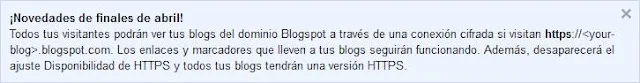 Aviso de Blogger sobre el cambio de protocolo a https