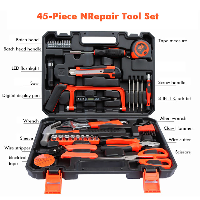 HB New 45 Pcs Household Hand Tool Set Wood Working Tools Plastic Toolbox Storage Case Hand Tool Set G eneral Tools Kit 