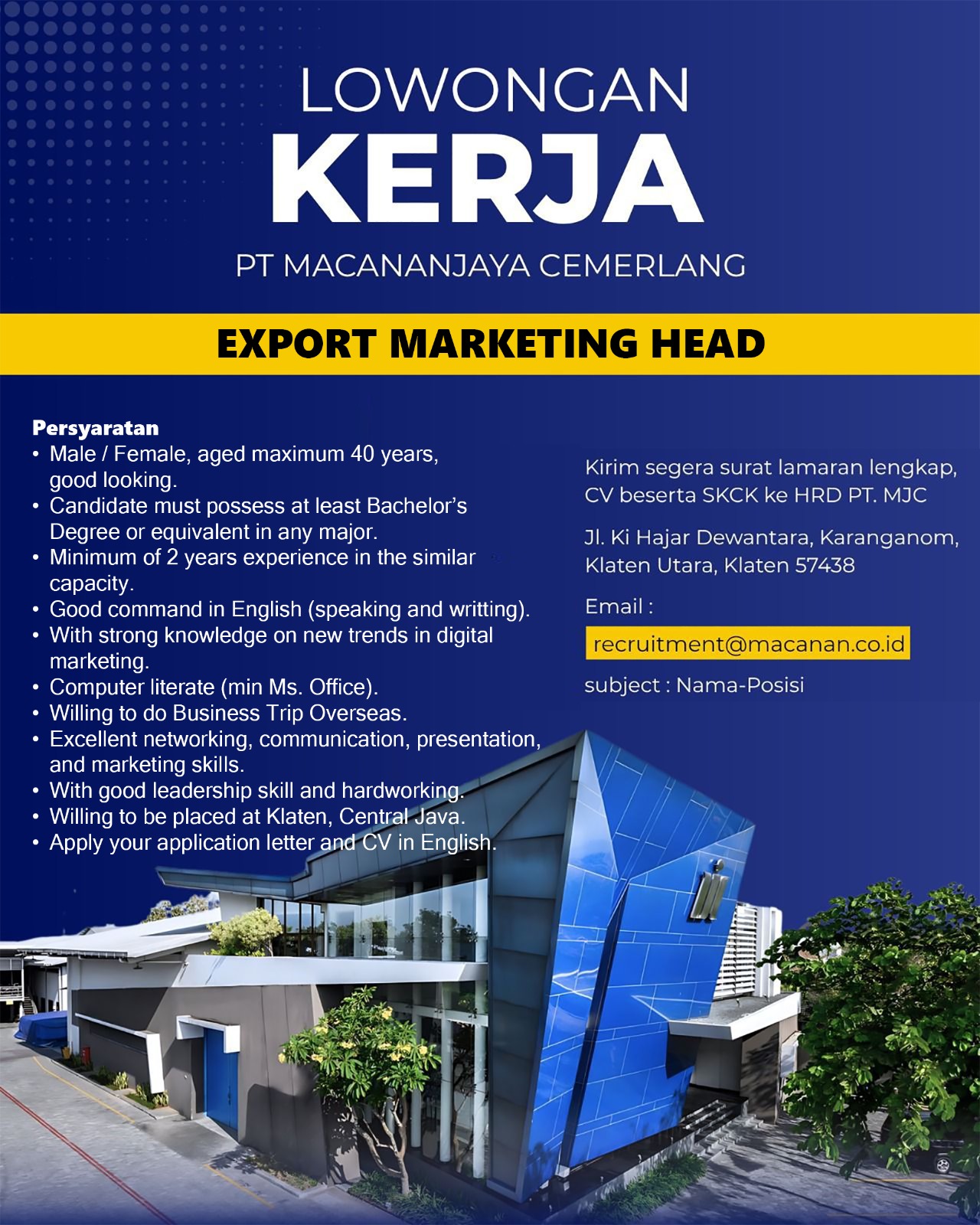Loker Klaten di PT Macananjaya Cemerlang Team Project Pemerintah, Export Marketing Head, dll