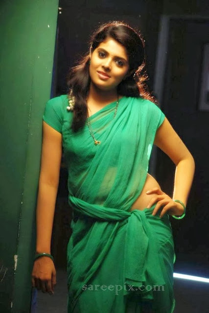 Shravya in green transparent saree