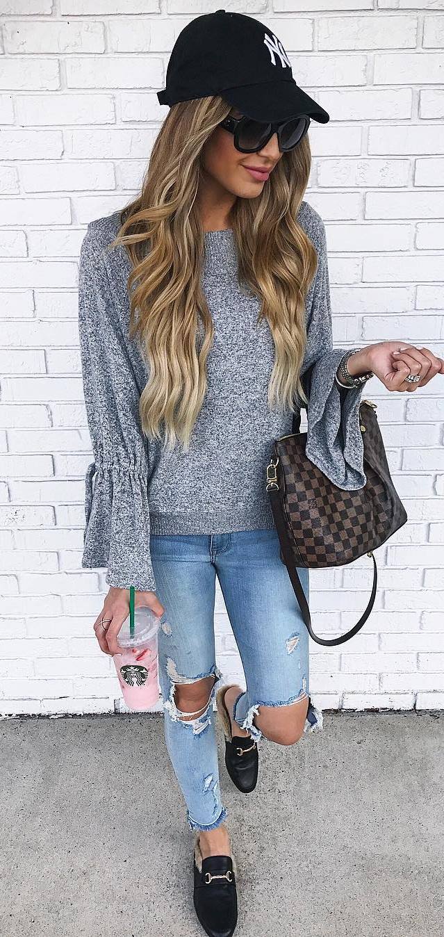 trendy fall outfit | hat + bag + sweater + ripped jeans + loafers