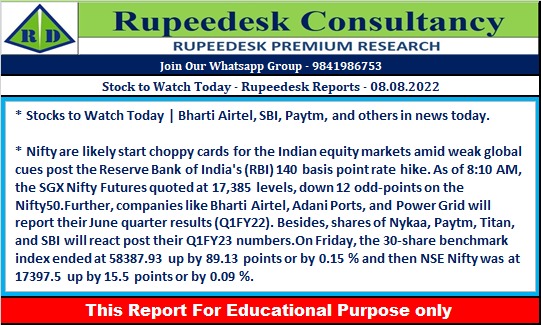 Stock to Watch Today - Rupeedesk Reports - 08.08.2022