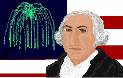 George Washington with the flag and fireworks.