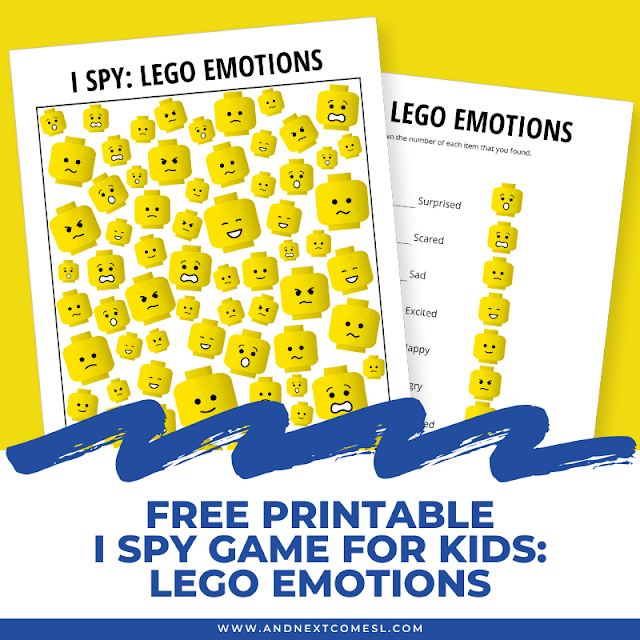 Free printable LEGO emotions themed I spy game for kids