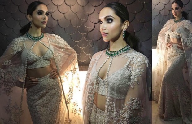 Deepika Padukone in White Sabaysachi Gown and Netted Cape