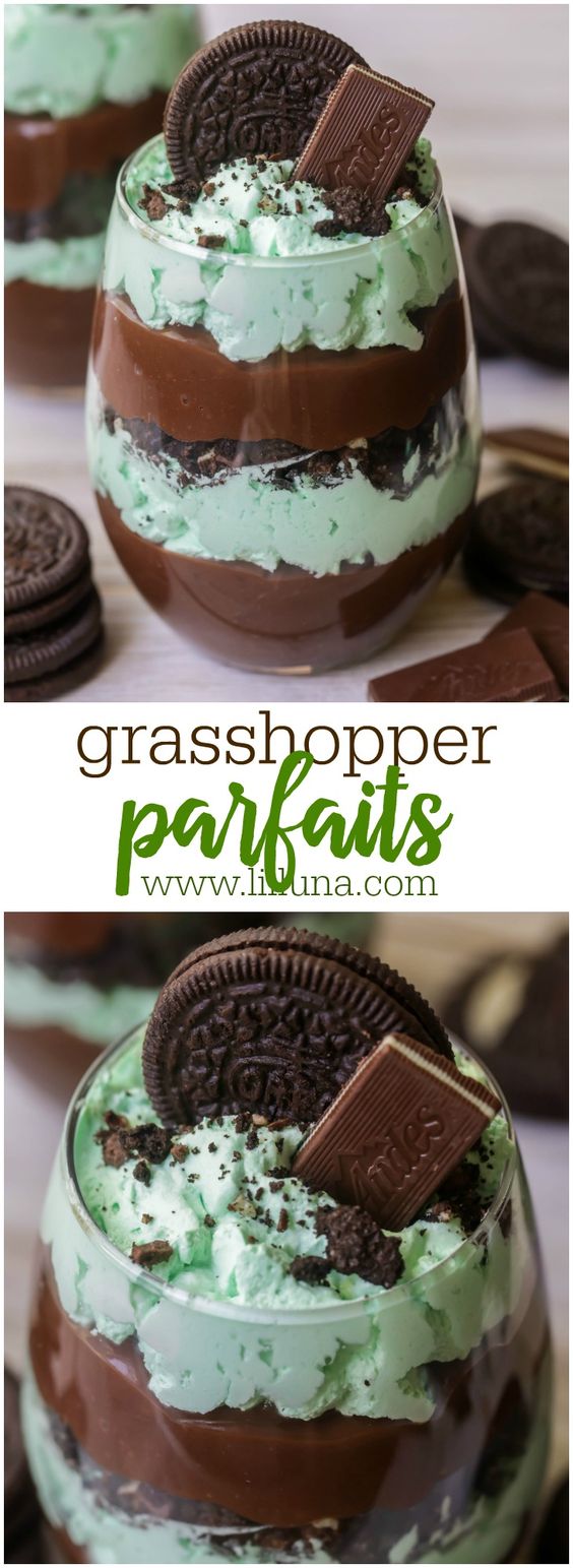 Grasshopper Parfaits - layers of chocolate pudding, mint whipped cream, Crushed Oreos and Andes chocolates!