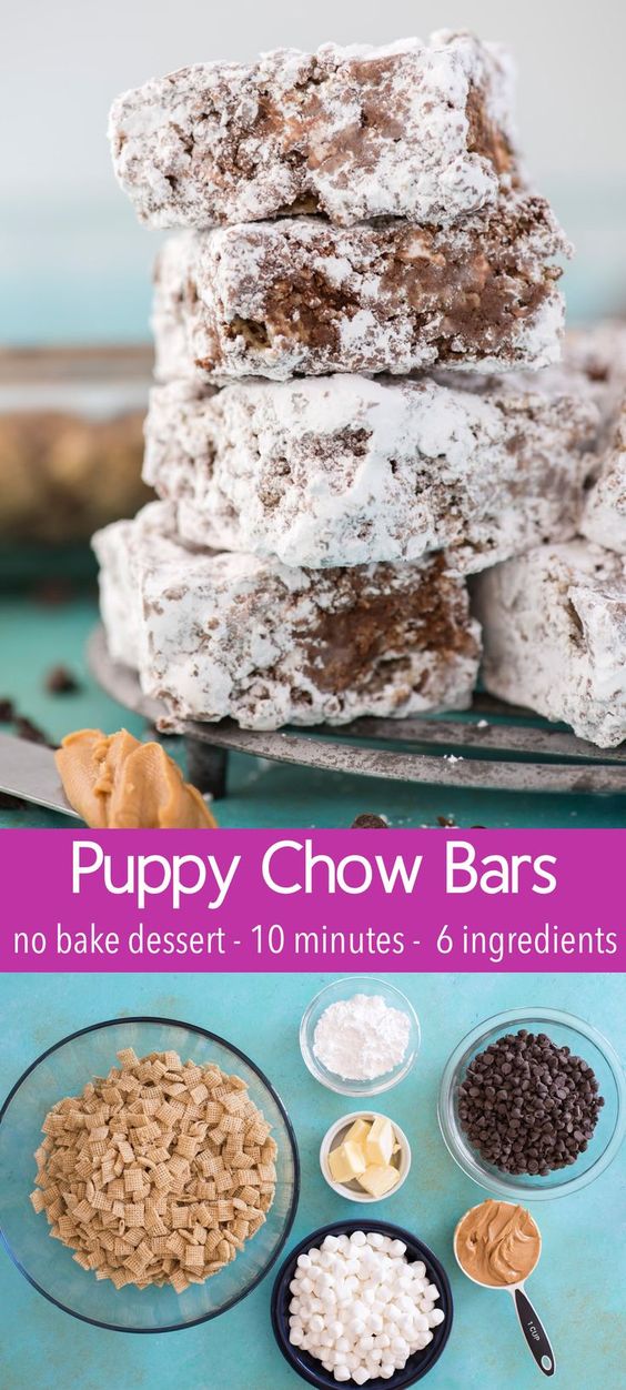 Everyone’s favorite party snack (puppy chow) made into puppy chow bars! Take the classic muddy buddies and turn them into a no bake dessert bar by adding marshmallows - these muddy buddies bars are like a mix between puppy chow and rice krispie treats! #puppychowbars #muddybuddybars #nobakedessert