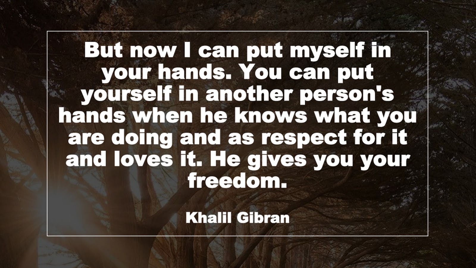 But now I can put myself in your hands. You can put yourself in another person's hands when he knows what you are doing and as respect for it and loves it. He gives you your freedom. (Khalil Gibran)