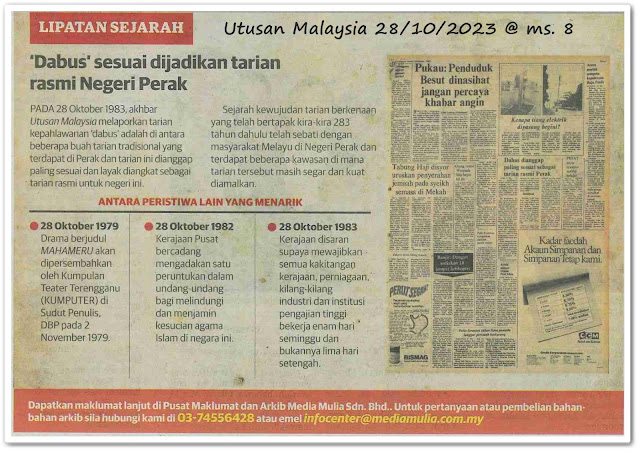 Lipatan sejarah 28 Oktober - Keratan akhbar Utusan Malaysia 28 Oktober 2023