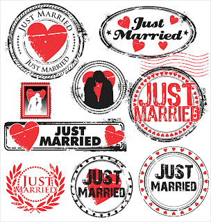 結婚報告のラベルとスタンプ just married labels and stamps イラスト素材