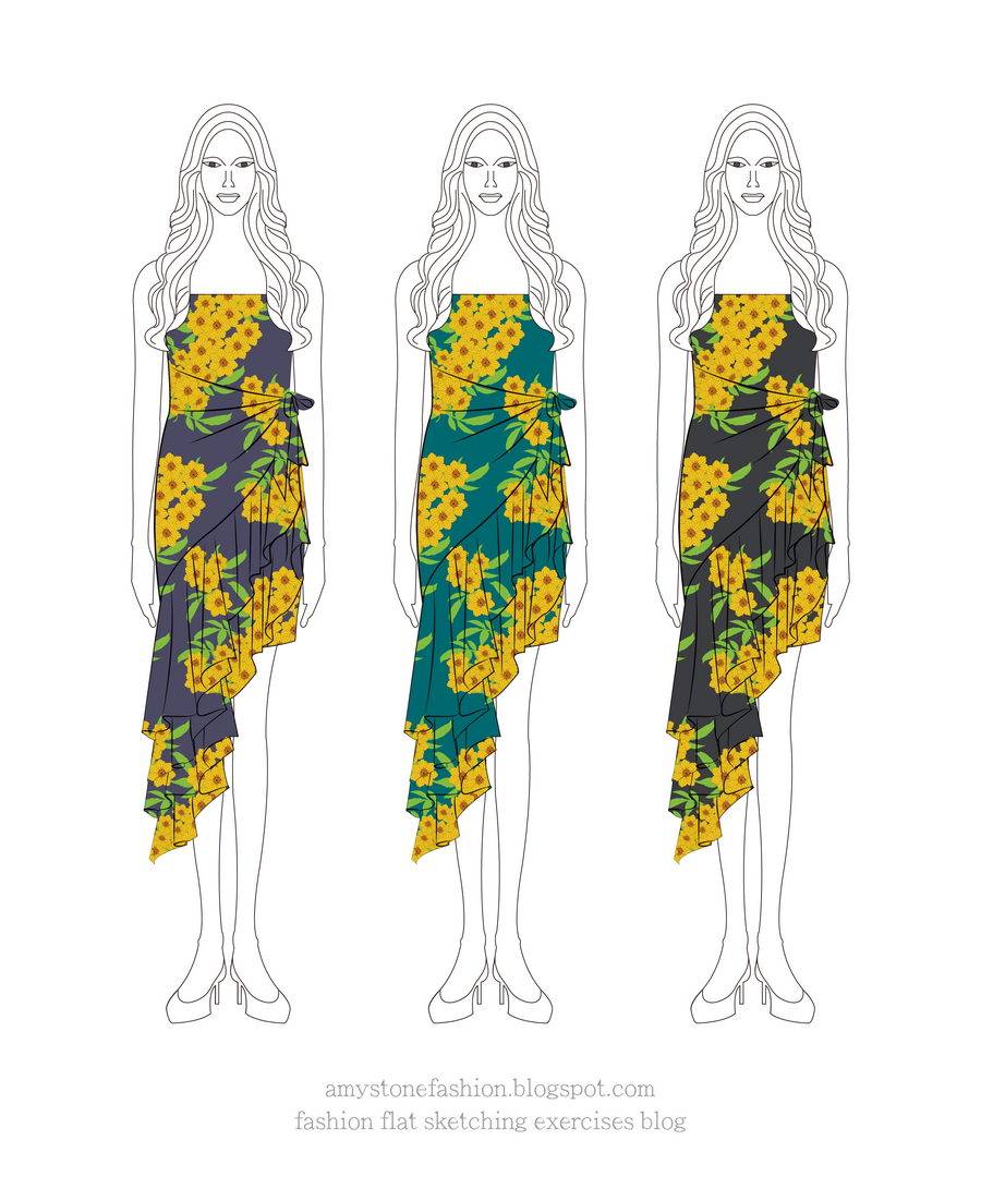 Sarong Style Floral-Print Asymmetrical Dresses Drawing