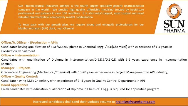 Sun Pharma | Hiring for Multiple departments for Chennai Plant