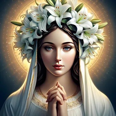 Imagenes de la Virgen María con un halo de flores de lirio blanco