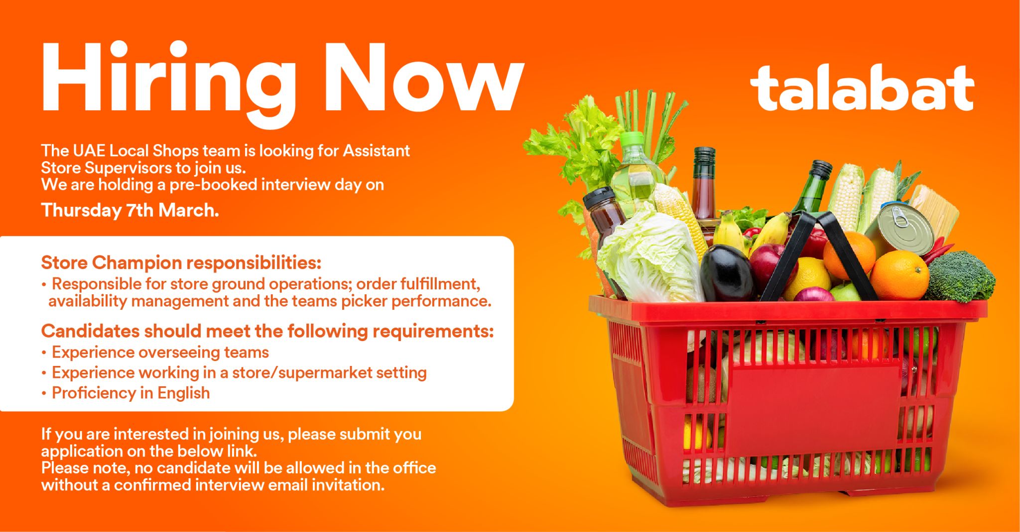 Hiring: Assistant Store Supervisor | talabat | Dubai
