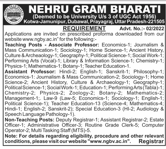 NGBV Prayagraj Zoology/Botany Faculty Jobs