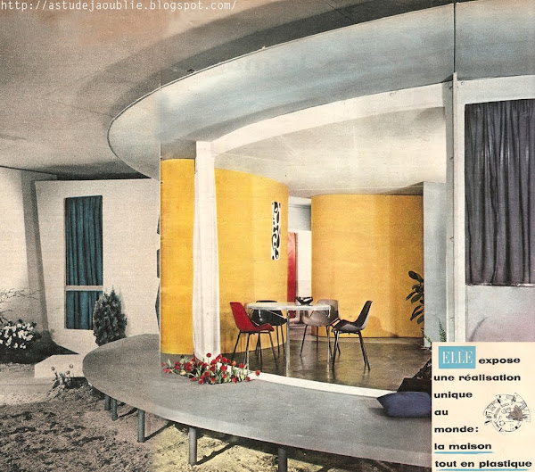 Salon des Arts ménagers - Première maison tout en plastique, maison escargot. First plastic house. Architectes: Ionel Schein, René-André Coulon, Yves Magnant (ingénieur) Création: 1955-1956   Scan du magazine "Elle" n°530 et n°531 - Février 1956.