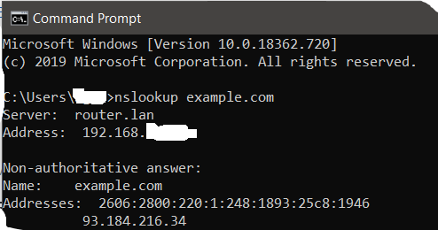 скриншот консоли командной строки Windows c введенной командой nslookup