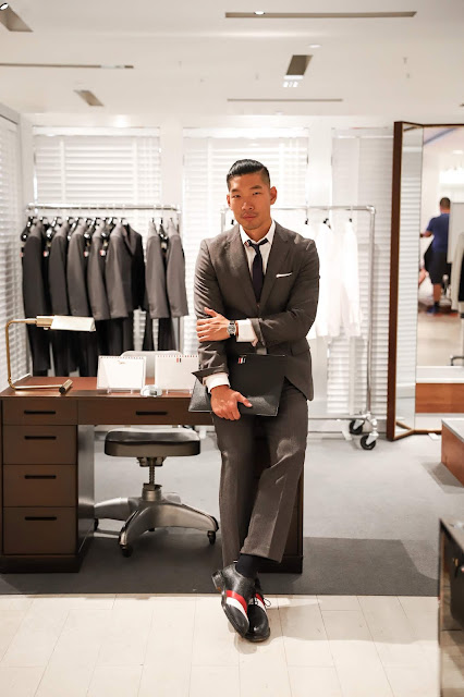 Leo Chan wearing Thom Browne outfit at Barneys | Asian Male Blogger and Model