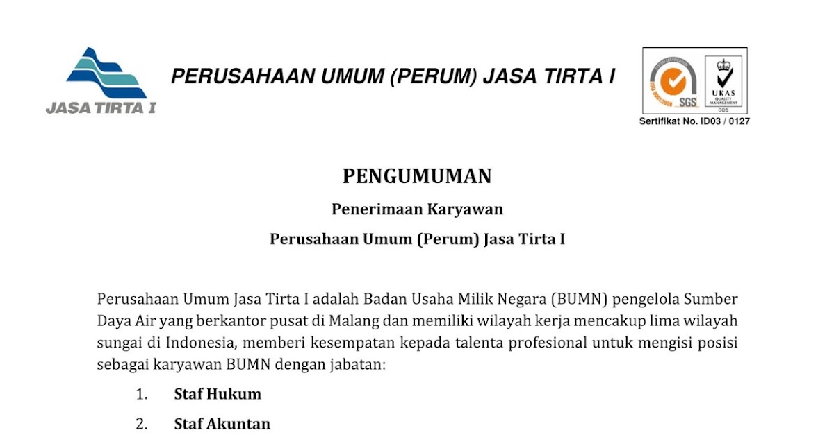 Lowongan Kerja Lowongan Kerja BUMN Perusahaan Umum Jasa Tirta I  2021  April 2024