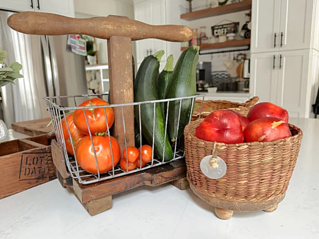 baskets of vegetables on kitchen counter