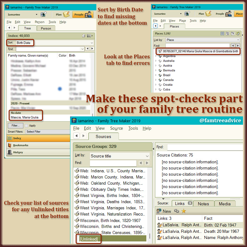 Make it a routine to spot-check these aspects of your family tree.